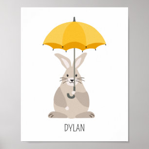 Rabbit with umbrella custom name nursery wall art 