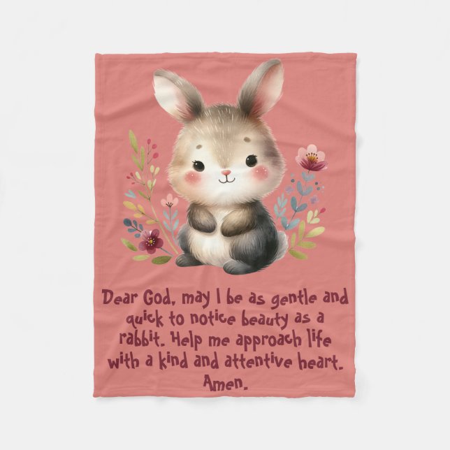 Rabbit Woodland Kids Christian Prayer on Pink | Fleece Blanket (Front)