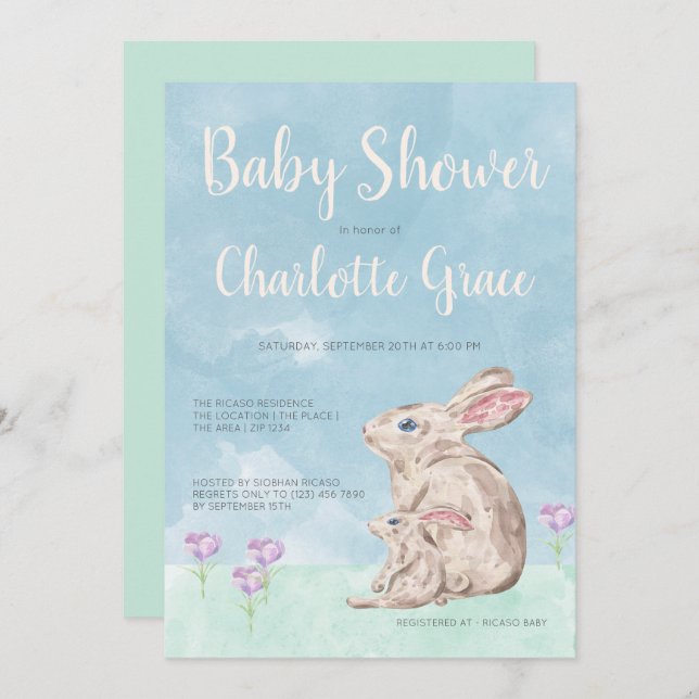 Rabbit Woodland Watercolor Unisex Baby Shower Invitation (Front/Back)
