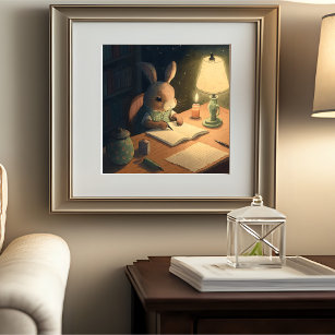 Rabbit Writing at Desk -  Poster