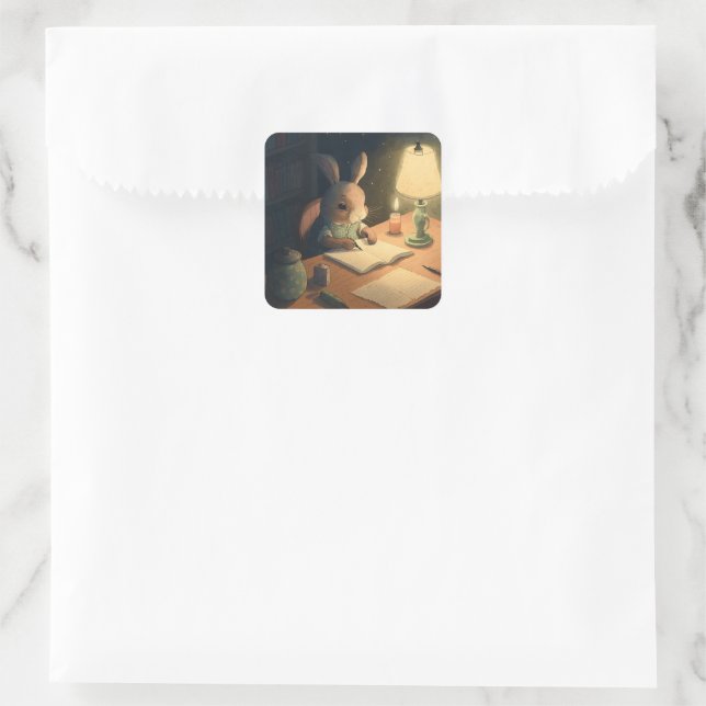 Rabbit Writing at Desk -  Square Sticker (Bag)