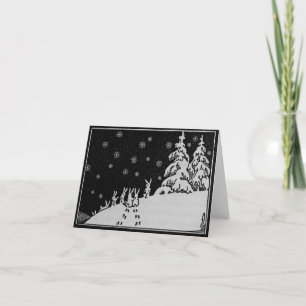 Rabbits and Christmas Tree Winter Illustration Holiday Card