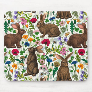 Rabbits and wildflowers mouse mat
