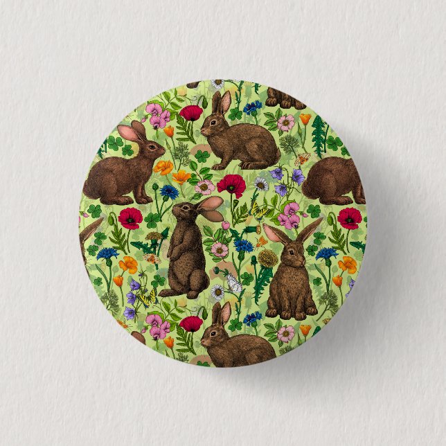 Rabbits and wildflowers on honeydew green 3 cm round badge (Front)