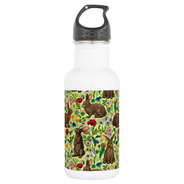 Rabbits and wildflowers on honeydew green 532 ml water bottle (Front)