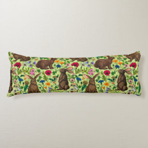 Rabbits and wildflowers on honeydew green body cushion