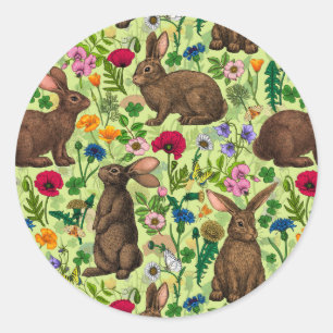 Rabbits and wildflowers on honeydew green classic round sticker