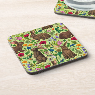 Rabbits and wildflowers on honeydew green coaster