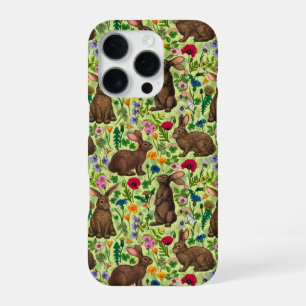 Rabbits and wildflowers on honeydew green iPhone 16 pro case