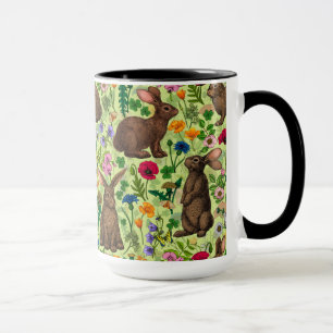 Rabbits and wildflowers on honeydew green mug