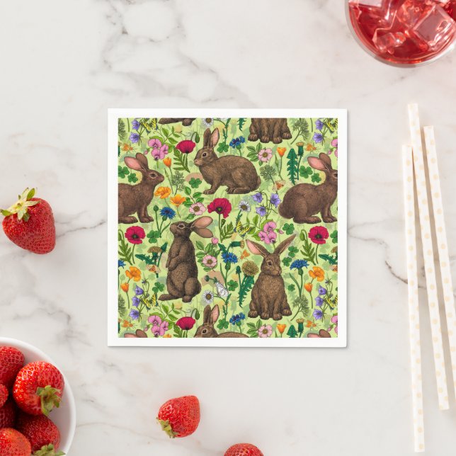 Rabbits and wildflowers on honeydew green napkin (Insitu)