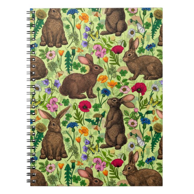 Rabbits and wildflowers on honeydew green notebook (Front)