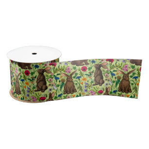 Rabbits and wildflowers on honeydew green satin ribbon