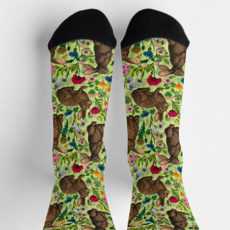Rabbits and wildflowers on honeydew green socks