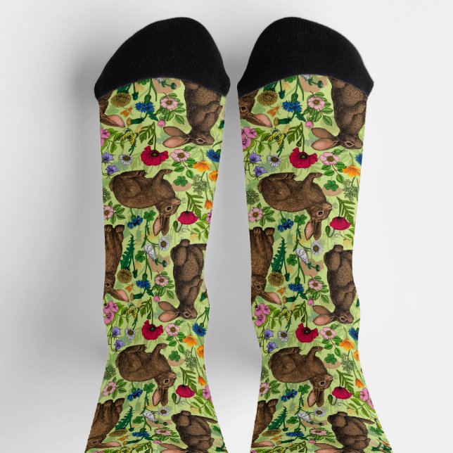 Rabbits and wildflowers on honeydew green socks (Top)