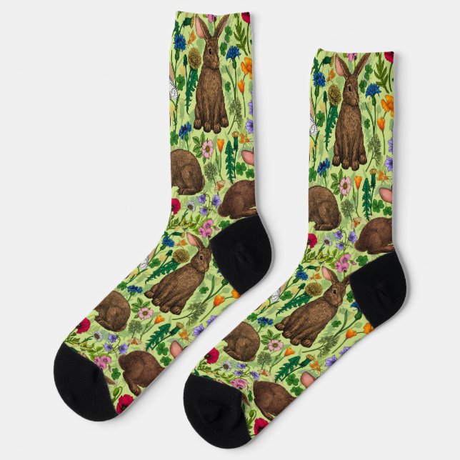 Rabbits and wildflowers on honeydew green socks (Left)