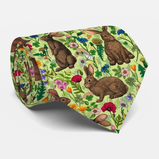 Rabbits and wildflowers on honeydew green tie (Rolled)