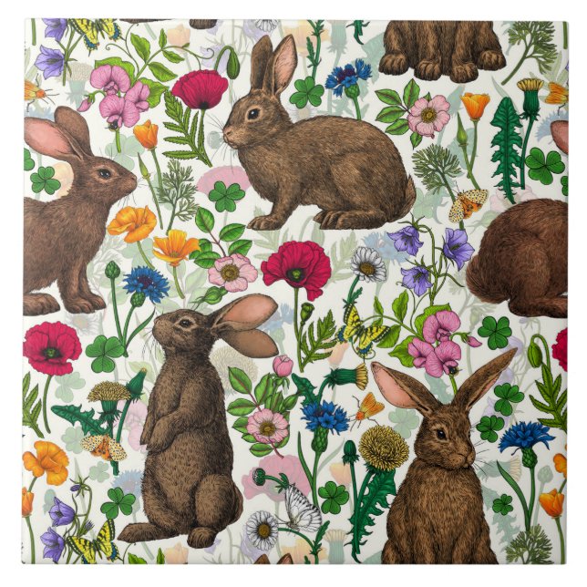 Rabbits and wildflowers tile (Front)