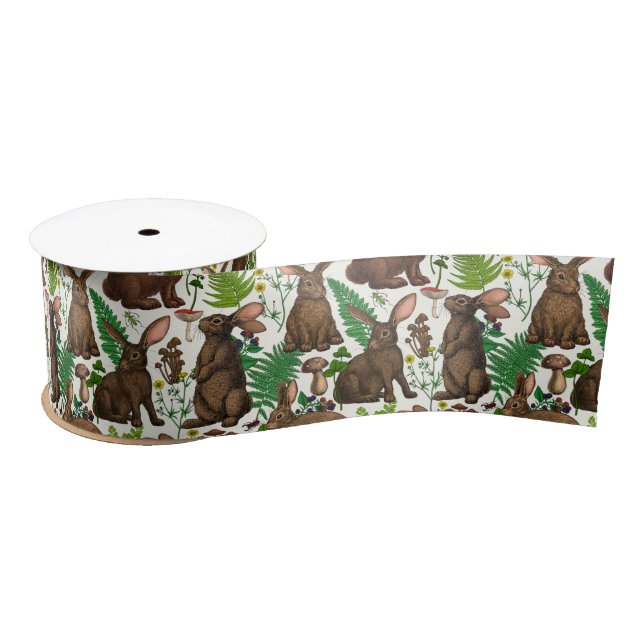 Rabbits and woodland flora 4 satin ribbon (Spool)