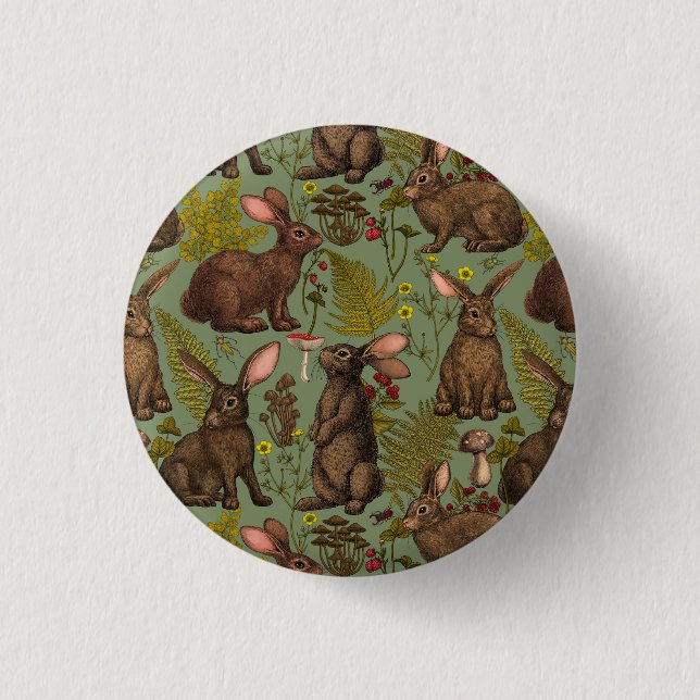 Rabbits and woodland flora Button (Front)