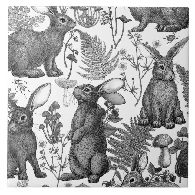 Rabbits and woodland flora Ceramic Tile (Front)