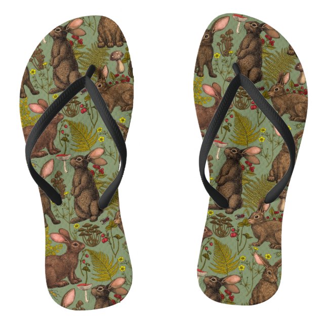 Rabbits and woodland flora Flip Flops (Footbed)