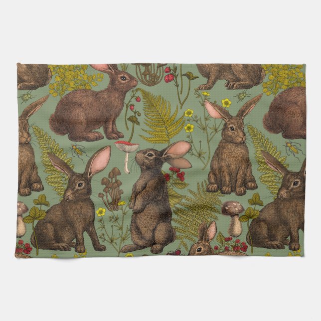 Rabbits and woodland flora Kitchen Towel (Horizontal)