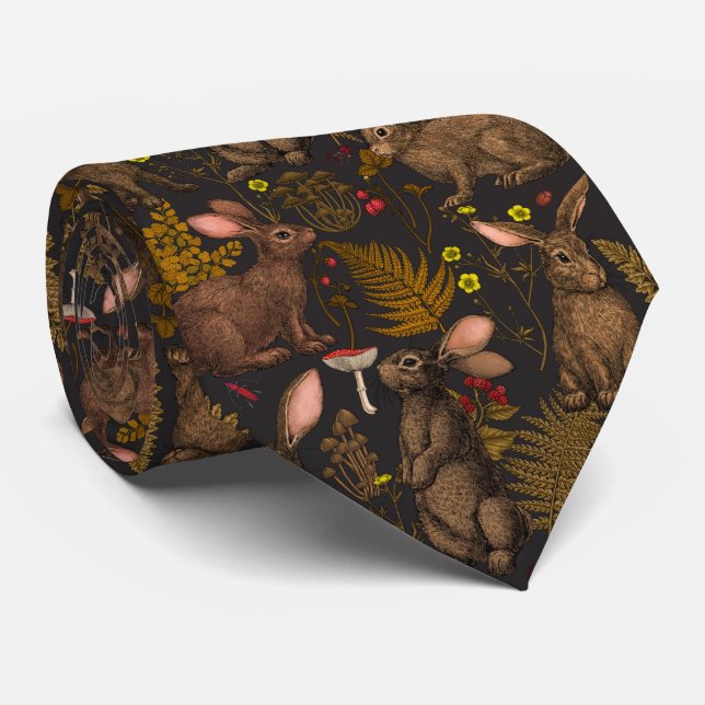 Rabbits and woodland flora Neck Tie (Rolled)