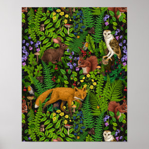 Rabbits and woodland flora Poster