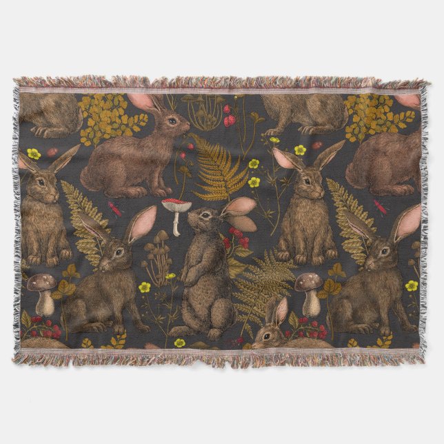 Rabbits and woodland flora Throw Blanket (Front)