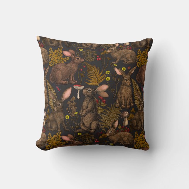 Rabbits and woodland flora Throw Pillow (Front)