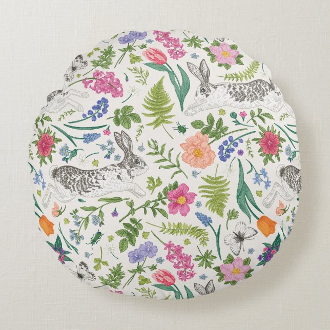 Rabbits, Butterflies and Flowers  Round Cushion (Front)