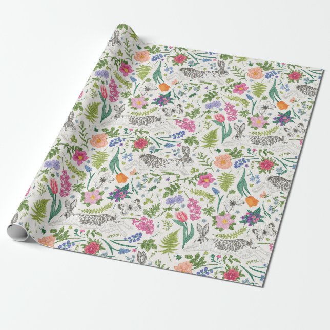 Rabbits, Butterflies and Flowers Wrapping Paper (Unrolled)