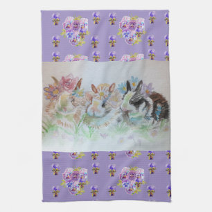 Rabbits Cute Lavender Watercolour Floral Bunny Tea Towel