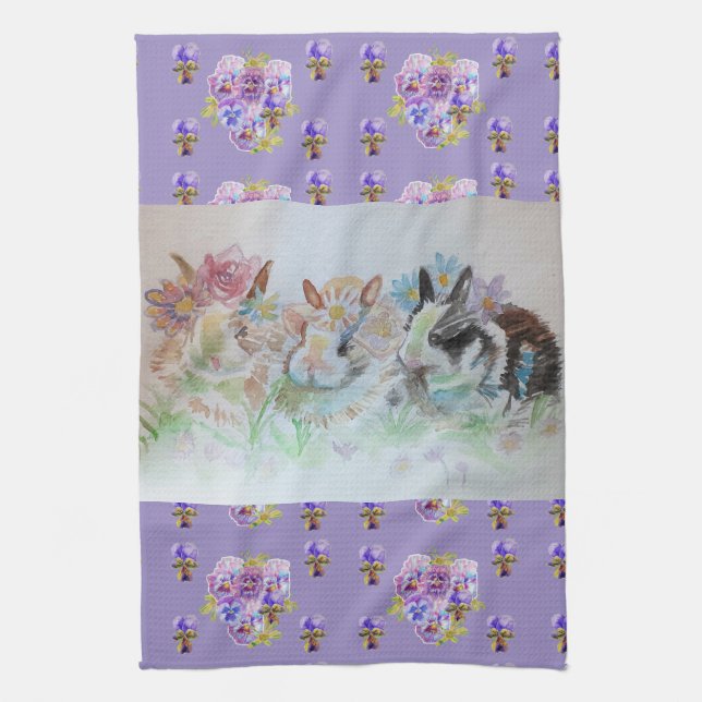 Rabbits Cute Lavender Watercolour Floral Bunny Tea Towel (Vertical)