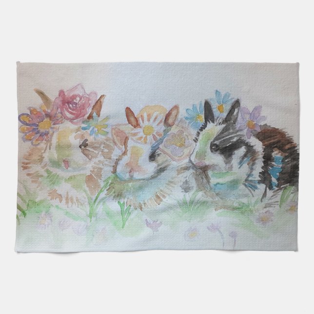 Rabbits Cute Rabbit Watercolour Floral Bunny Tea Towel (Horizontal)