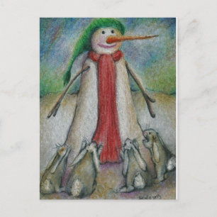 Rabbits desperate  to eat  snowman's carrot nose! postcard