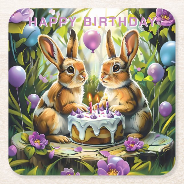 Rabbits Garden Birthday Party Square Paper Coaster (Front)
