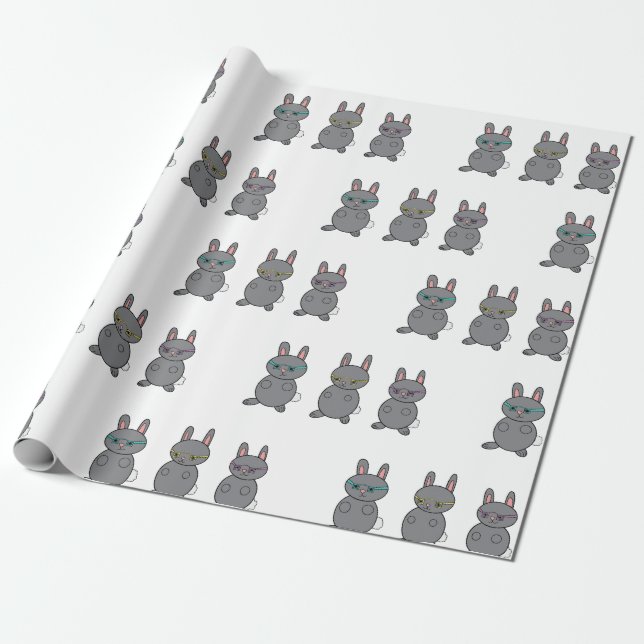 Rabbits Grey Wearing Glasses Blue Yellow Purple Wrapping Paper (Unrolled)