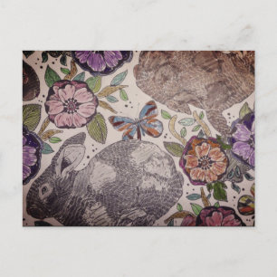 Rabbits Hand Painted Colourful  Postcard