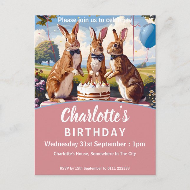 Rabbits In Bow Ties Birthday Party Invitation Postcard (Front)