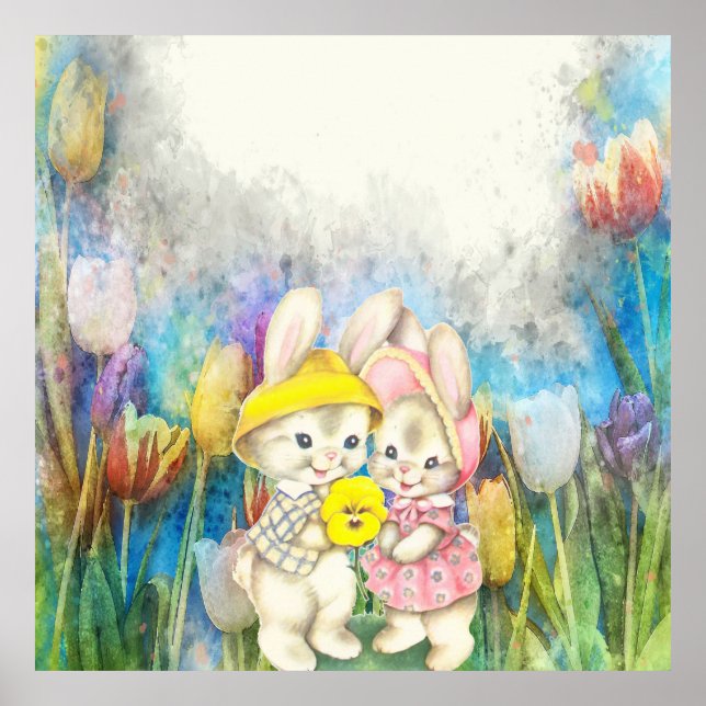 Rabbits in Flowers Poster (Front)