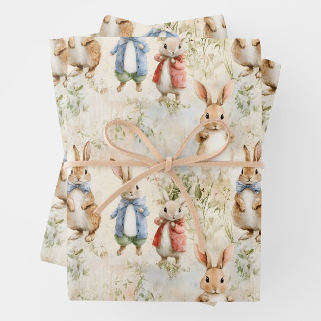 Rabbits in jackets wrapping paper sheet (In situ)