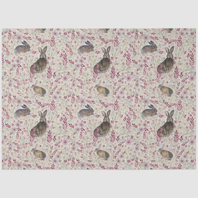 Rabbits In The Garden Pink Flowers Tissue Paper (Front)
