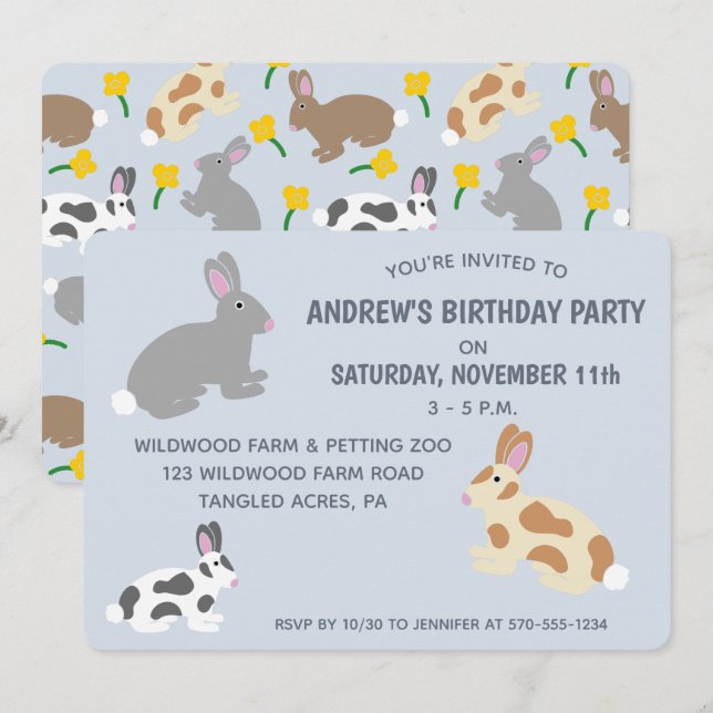 Rabbits Kids Birthday Party or Easter Light Blue Invitation (Front/Back)
