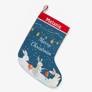 Rabbits Lantern Parade in Snow Personalised Small Christmas Stocking