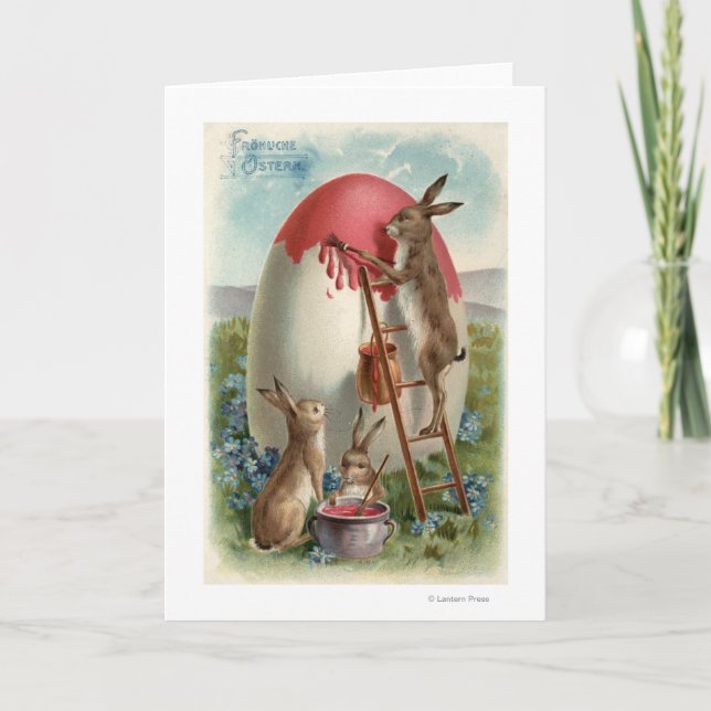 Rabbits Painting an Egg Holiday Card (Front)