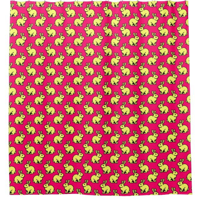 Rabbits Pattern - Black and Lt Yellow and Neon Red Shower Curtain (Front)