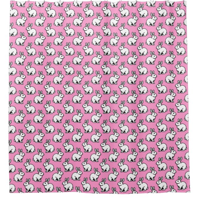 Rabbits Pattern - Black and White and Pink Shower Curtain (Front)