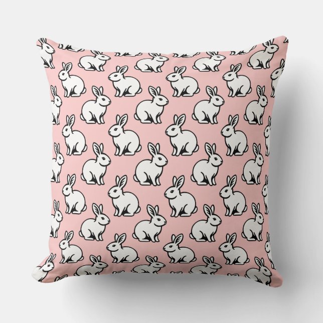 Rabbits Pattern - Black and White with Faded Pink Cushion (Front)
